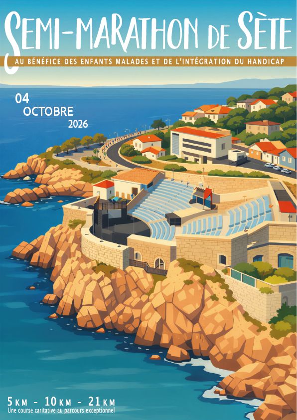 AFFICHE SMS 2026 affiche du semimarathon de sete 2026 avec une vue aérienne du mole et de la corniche à Sète et des coureurs sur la piste cyclable